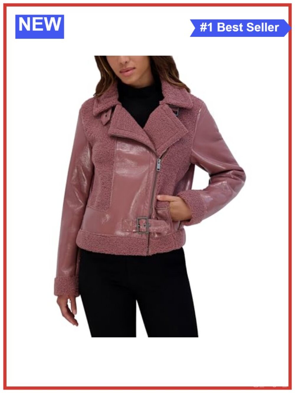 Moto Faux Patent Leather Jacket with Mixed Media Detail